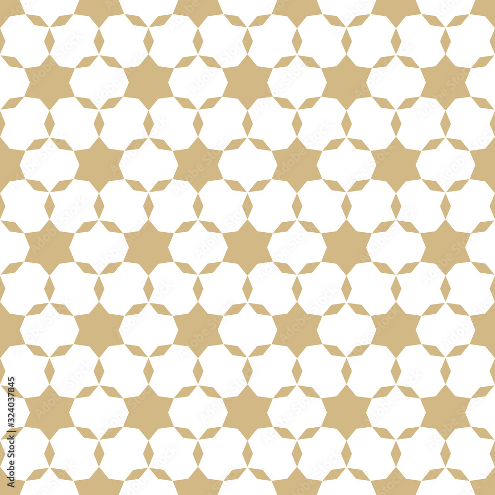 Elegant golden vector geometric seamless pattern. Simple gold and white texture with small stars, floral shapes, grid, net. Abstract minimal background. Luxury repeat design for festive decor, prints Elegant golden vector geometric seamless pattern. Simple gold and white texture with small stars, floral shapes, grid, net. Abstract minimal background. Luxury repeat design for festive decor, prints