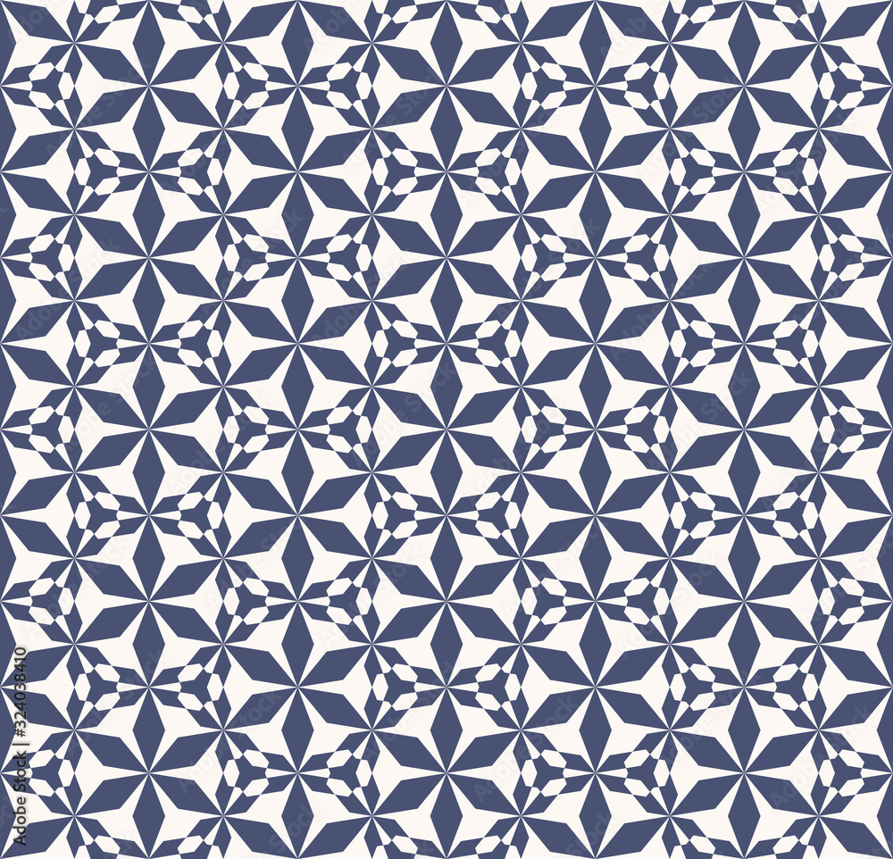 Vector abstract geometric seamless pattern. Elegant dark blue and white texture with floral silhouettes, snowflakes, triangles, grid, net. Simple ornamental background. Repeat design for decor, fabric Vector abstract geometric seamless pattern. Elegant dark blue and white texture with floral silhouettes, snowflakes, triangles, grid, net. Simple ornamental background. Repeat design for decor, fabric