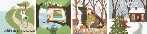 Set of vector posters with girl in four season: winter, spring, summer and autumn