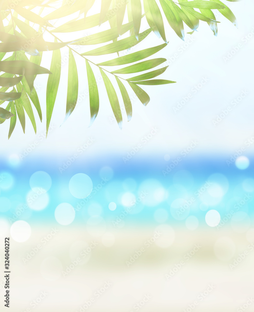 Palm leaf and tropical beach.