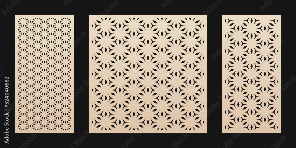 Laser cut pattern. Vector template with abstract geometric texture in oriental style, floral grid ornament. Decorative stencil panel for laser cutting of wood, metal, engraving. Aspect ratio 1:2, 1:1 Laser cut pattern. Vector template with abstract geometric texture in oriental style, floral grid ornament. Decorative stencil panel for laser cutting of wood, metal, engraving. Aspect ratio 1:2, 1:1