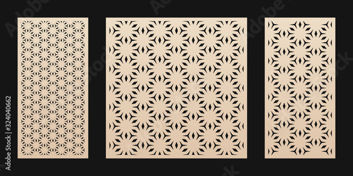 Laser cut pattern. Vector template with abstract geometric texture in oriental style, floral grid ornament. Decorative stencil panel for laser cutting of wood, metal, engraving. Aspect ratio 1:2, 1:1