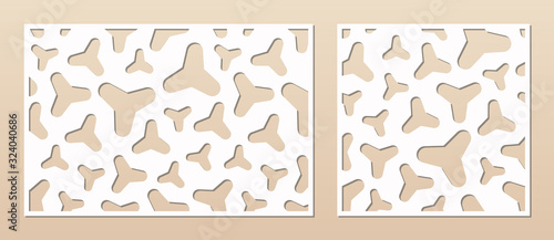 Decorative panel for laser cutting. Cutout silhouette with abstract geometric pattern, smooth shapes. Laser cut stencil for wood, metal, paper, engraving, fretwork, carving. Aspect ratio 3:2, 1:1