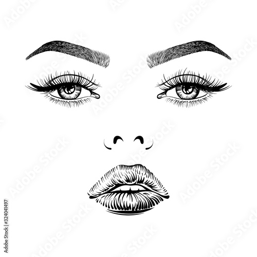Eyes with long lashes, lips and eyebrows. Women face with makeup.