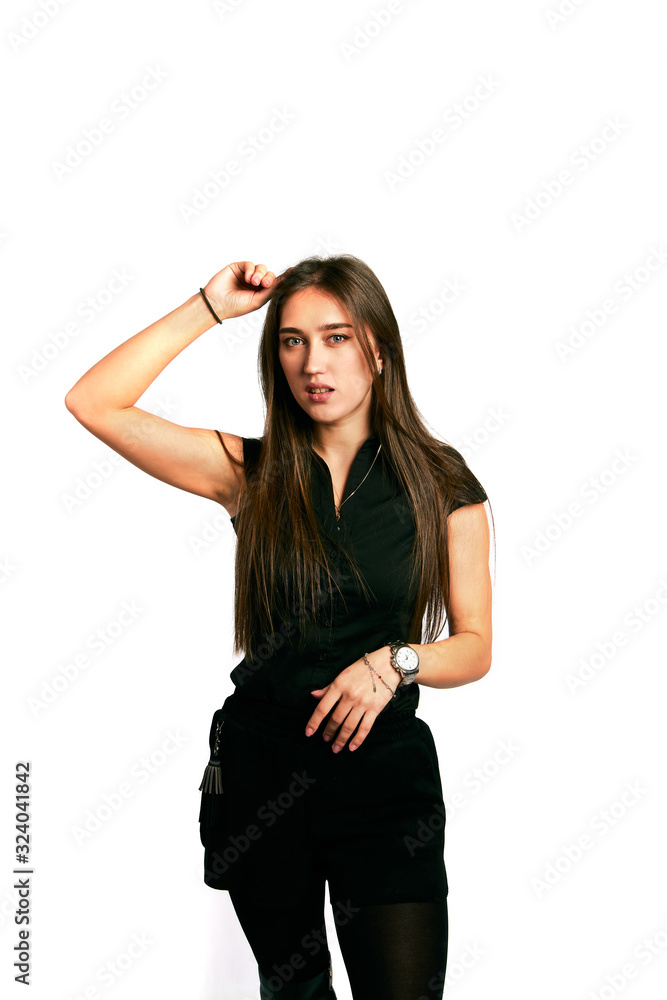 Portrait of beautiful young woman in black. Model girl with differents emotions. Portrait of beautiful young woman in black. Model girl with differents emotions.