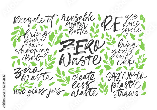 Zero waste handwritten vector letterings set with leaves. Reduce, reuse, recycle, say no to plastic, create less waste.
