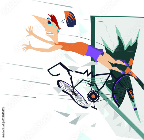 Cyclist, bike and broken window illustration. Cyclist and bike flies out from the broken window isolated on white