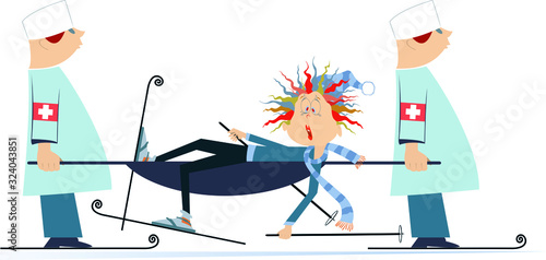 Injured skier woman and two physicians with a stretcher illustration. Two physicians carry injured skier woman in a stretcher isolated on white