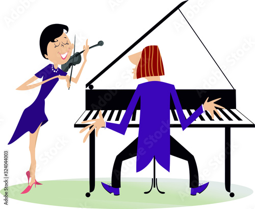 Couple musicians play music on violin and piano isolated illustration. Duet of violinist woman and pianist man isolated illustration