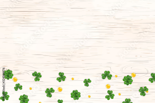 Happy St. Patrick s day. St patricks day design with gold coins  shamrock clover leaf on wooden background. Space for your text. Design for banner  card  poster  invitation  postcard.
