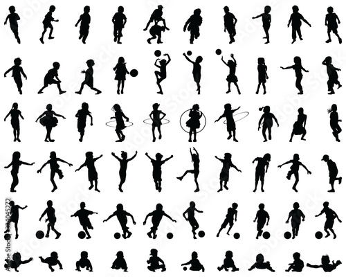 Black silhouettes of children playing, illustration on a white background
