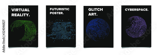 Set of cyberpunk/ vaporwave/ synthwave style futuristic posters with binary code and 3d figures. Collection of covers for hackathon, informational security or infosec event.