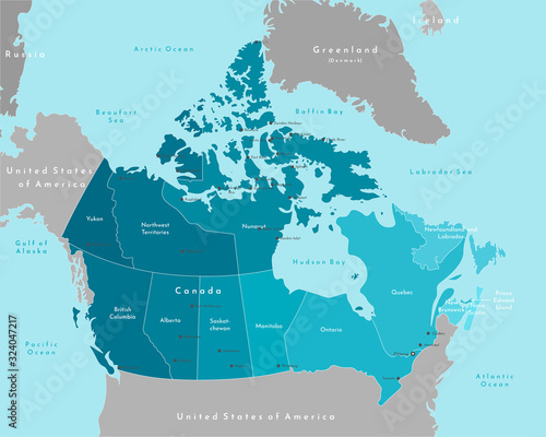 Vector modern illustration. Simplified geographical  map of Canada and nearest areas. Blue background of seas and oceans. Names of the cities (Ottawa, Toronto and etc.) and provinces.