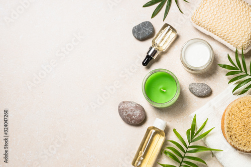 Spa skincare product at stone table.