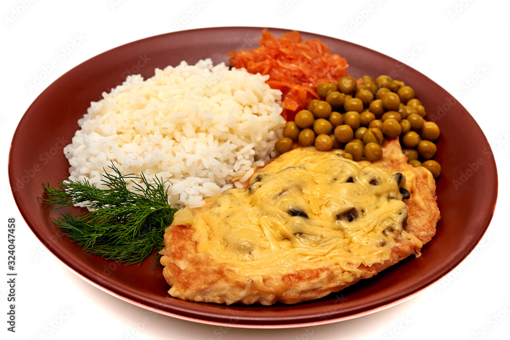 Pork chop with cheese, rice, green peas Pork chop with cheese, rice, green peas