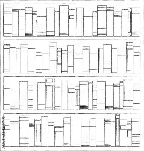 Bookshelves full of books both in the library. Flat vintage black and white vector illustration.