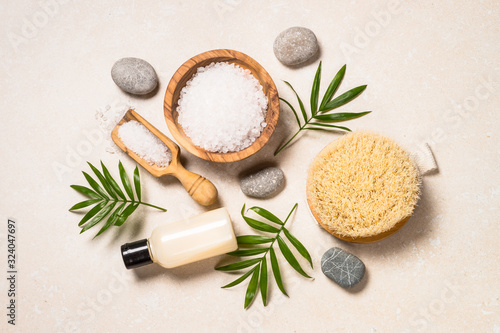 Spa product composition on stone table.