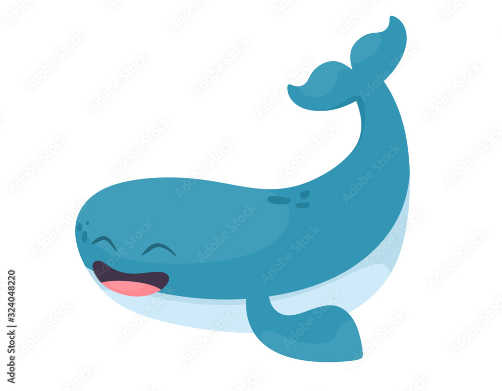 Blue whale in cartoon flat style. Vector isolate on a white background.