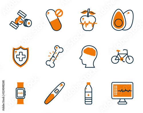 Healthy lifestyle half line half color style icon set vector design