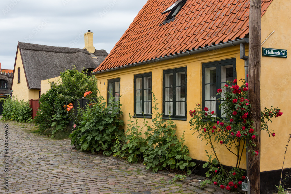 Old, traditional Danish houses in narrow, cobbled stone street in the fishermen's village Dragør, Denmark.