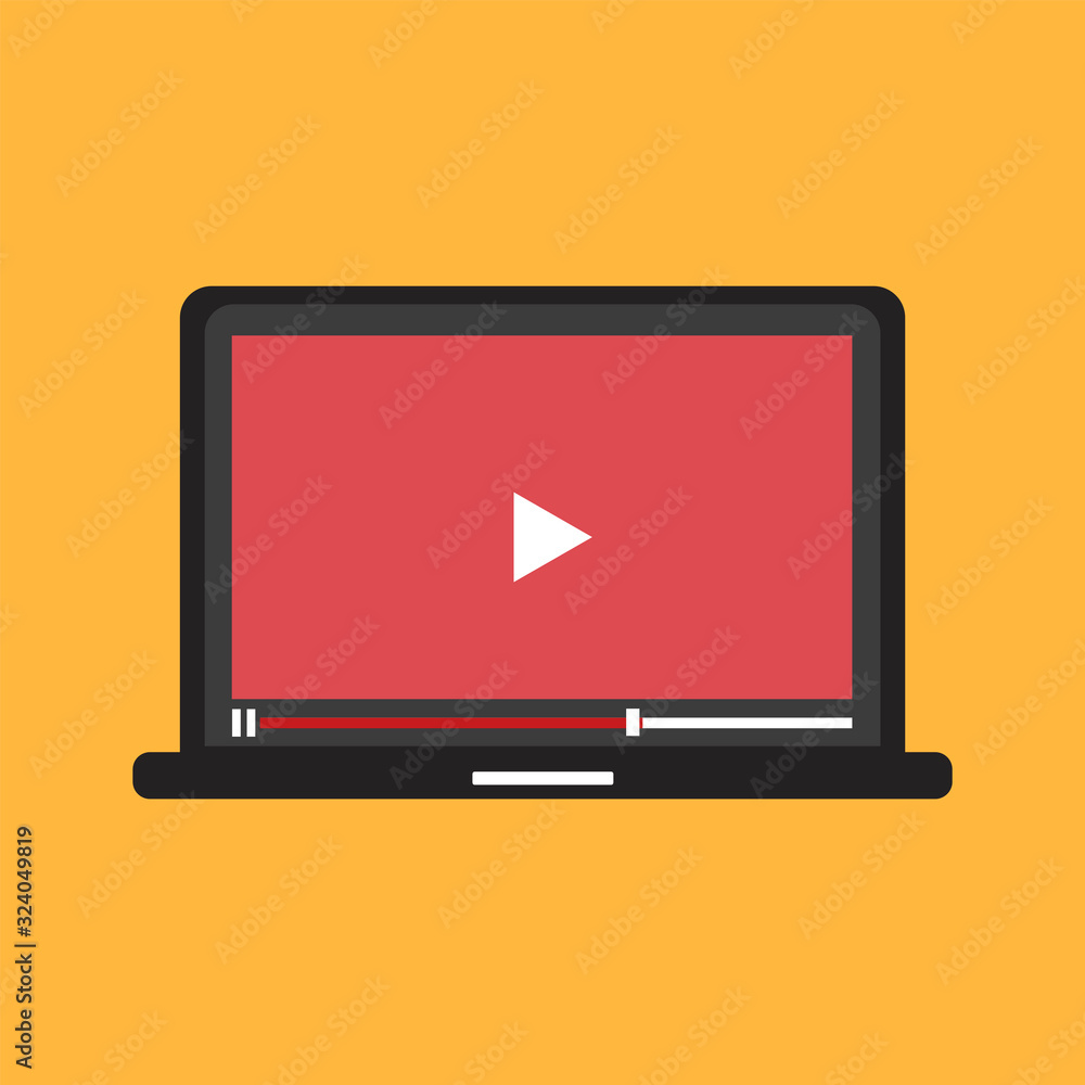 Laptop screen with video player. Play button on laptop screen. Vector illustration. Laptop screen with video player. Play button on laptop screen. Vector illustration.