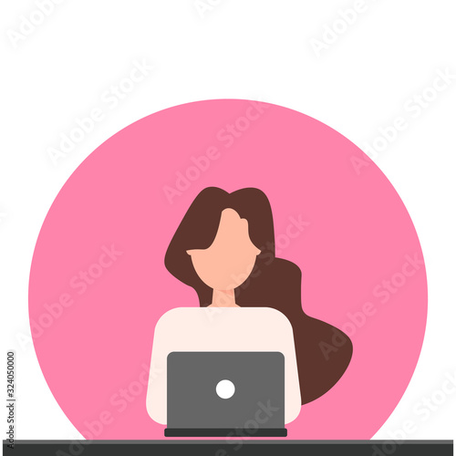 Beautiful woman is sitting at the table. On the table is a laptop. Working. Business. Vector illustration.