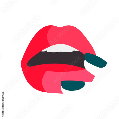 Woman's Lips. Red lips and nails. White teeth. Vector illustration. 