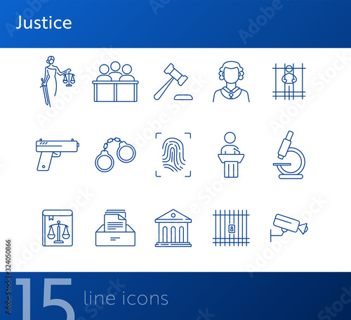 Justice line icon set. Video surveillance, fingerprint, courthouse. Justice concept. Can be used for topics like crime, trial, court, investigation