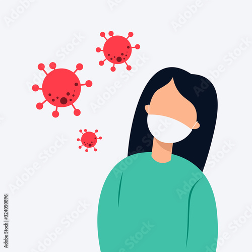 Woman use medical mask. Coronavirus protection mask. Woman in white medical face mask. Concept of coronavirus quarantine. Vector illustration. 