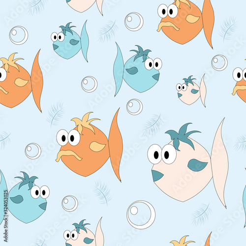 Cartoon fish in the water with bulbs and algae. Seamless pattern for kids.