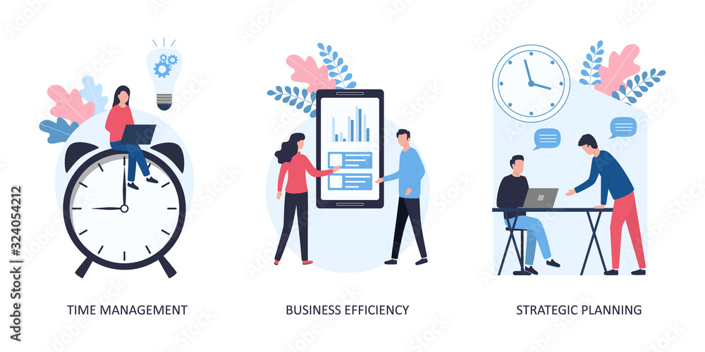 Set of 3 concepts: time management, business efficiency, strategic planning. Office employees plan a day, evaluate the effectiveness. A girl is sitting on a watch, men are discussing. Flat vector