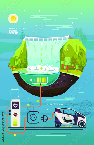 Hydroelectric power station. Electric power supply system for an electric car. Clean fuel. Cartoon illustration, vector.