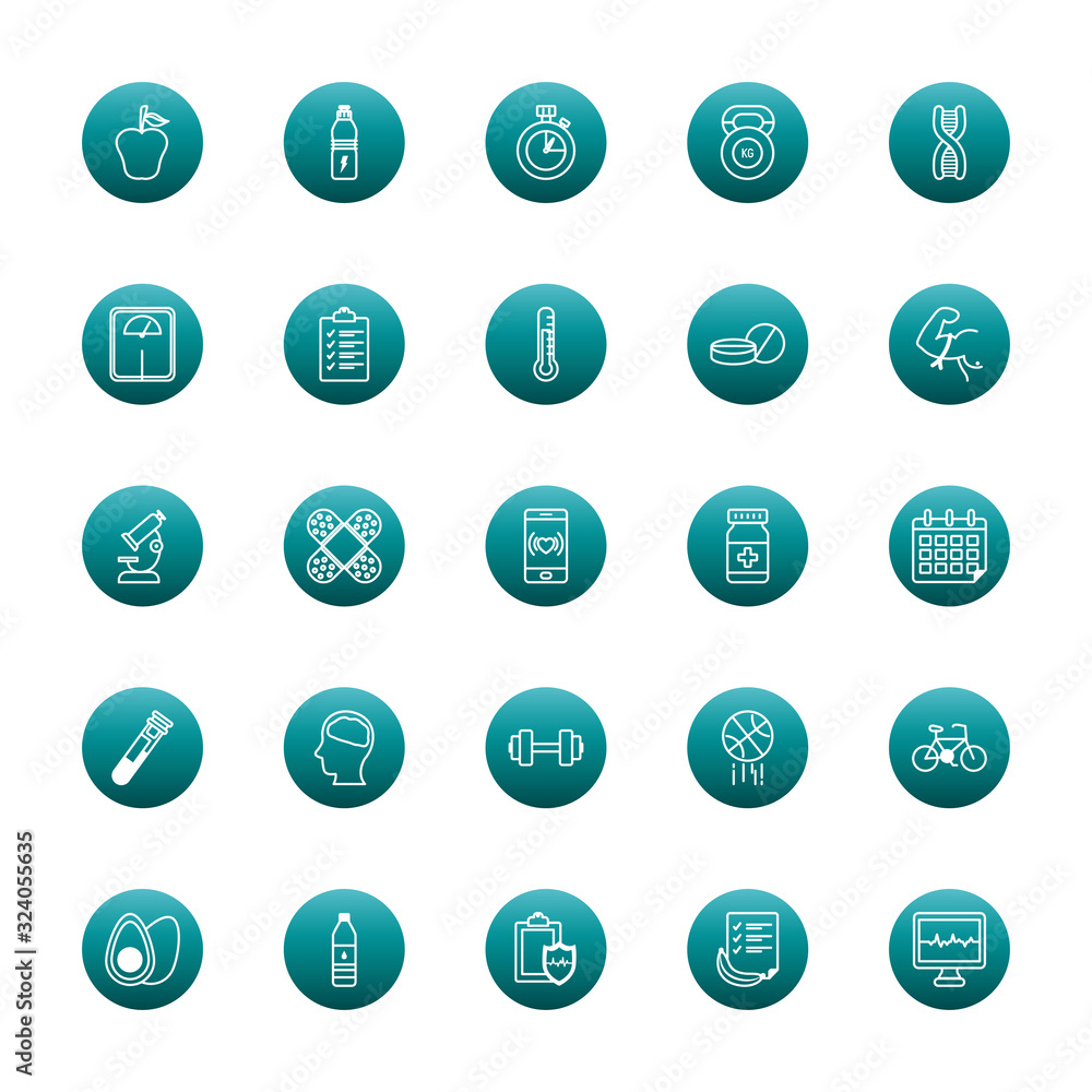 Healthy lifestyle block gradient style icon set vector design Healthy lifestyle block gradient style icon set vector design