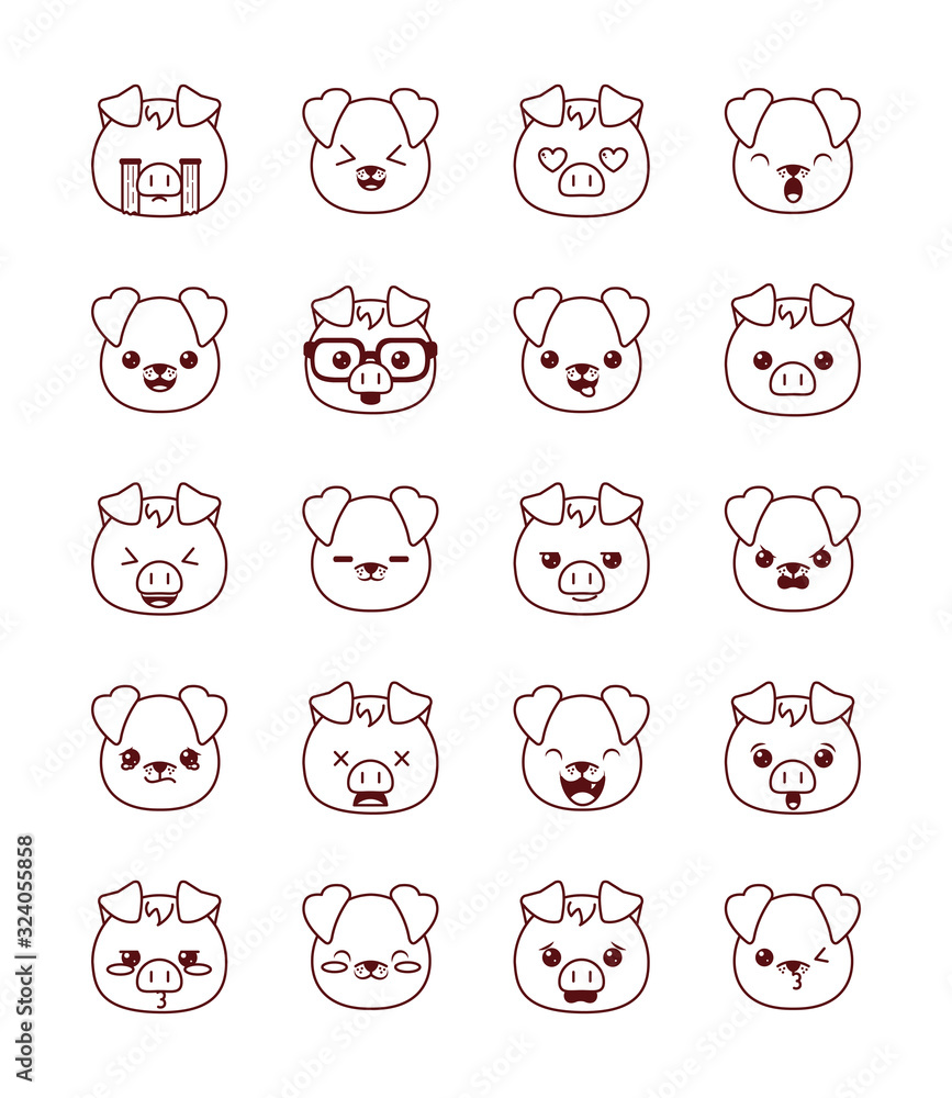 Cute kawaii animals cartoons line style icon set vector design Cute kawaii animals cartoons line style icon set vector design