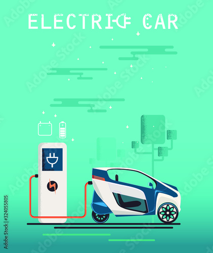 Vector Image. Мini electric car and electric station. Сharging system. flat design.Ecologically clean transport.