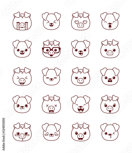 Cute kawaii animals cartoons line style icon set vector design