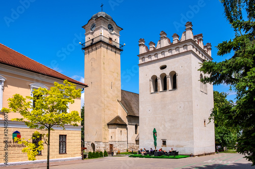 Poprad, Slovakia - Bell tower of gothic St. Egidius church - Kostol svateho Egidia - at the St. Egidius square in Poprad historic quarter photo