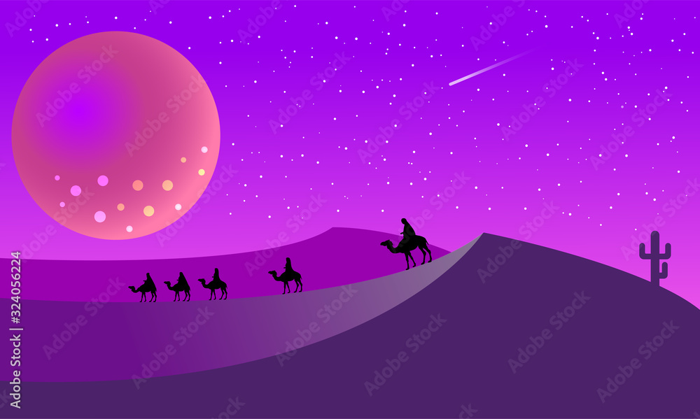 Obraz premium Landscape with desert and Bedouins in a night scene. Background of hills with silhouettes, vector nature horizontal background. Vector illustration.