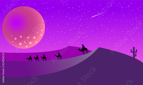 Landscape with desert and Bedouins in a night scene.  Background of  hills with silhouettes  vector nature horizontal background. Vector illustration.