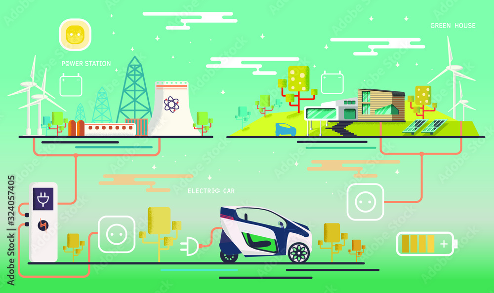 Vector.Electric station, friendly modern green house, solar, wind power. Mini electric car charging system. Ecologically clean transport. Сharging system.  flat design.