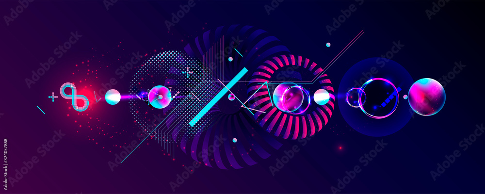 Naklejka Dark retro futuristic art neon abstraction background cosmos new art 3d starry sky glowing galaxy and planets blue circles