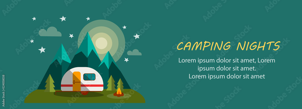Camping Nights Banner with Moon, Trees, Fire and Stars - obrazy, fototapety, plakaty 