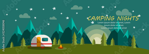 Camping Nights Banner with Moon, Trees, Fire and Stars