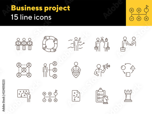 Business project icons. Set of line icons on white background. Strategist, strategic plan, scheme. Strategy concept. Vector illustration can be used for topics like business, management, planning