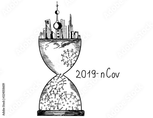 Time has begun - STOP coronavirus (2019-ncov), hand drawn evil virus or bacterium - Awareness lettering phrase. Coronavirus in China. Novel coronavirus (2019-nCoV).