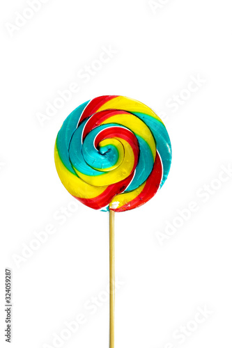 rainbow color lollipop. colorful lollipop isolated on white background. Vertical Close up copy space.
