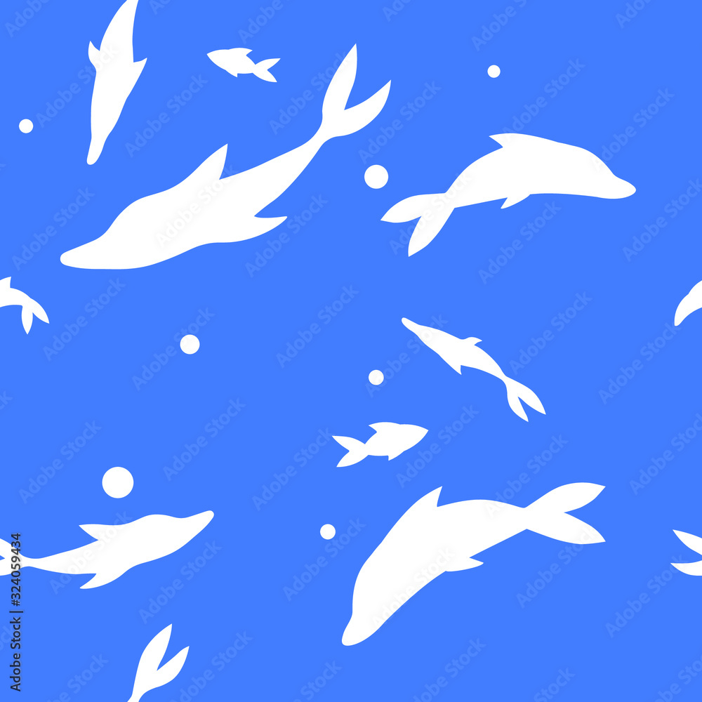 Fototapeta premium white silhouettes of dolphins on a blue background, vector pattern for children, stencil