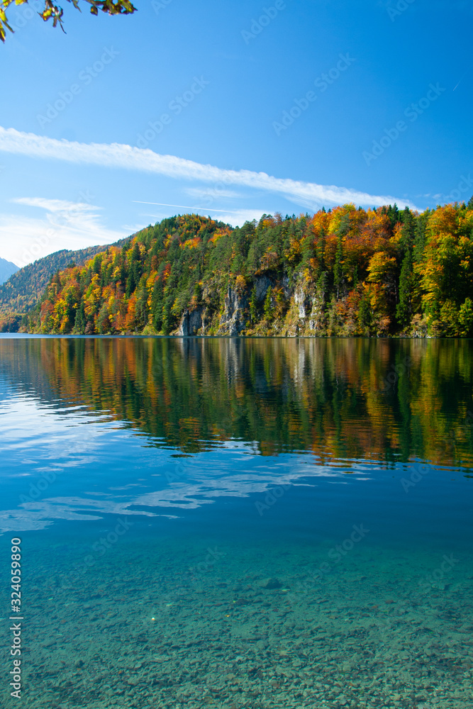 view of Alpsee Lake in Bavarian Alps near Swangau