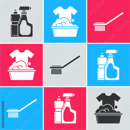 Set Plastic bottles for liquid dishwashing liquid, Plastic basin with soap suds and Toilet brush icon. Vector