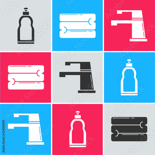Set Plastic bottles for liquid dishwashing liquid, Towel stack and Water tap icon. Vector